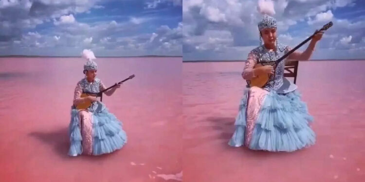 പിങ്ക്-തടാകത്തിലിരുന്ന്-അതിമനോഹര-ഗാനം-ആലപിക്കുന്ന-പെണ്‍കുട്ടി;-എവിടെയാണ്-ഈ-സ്ഥലമെന്ന്-അത്ഭുതപ്പെട്ട്-കാഴ്ചക്കാര്‍