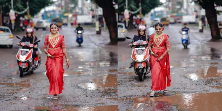 റോഡിലെ-കുഴിയിലൂടെ-നടന്ന്-വരുന്ന-കല്യാണപെണ്ണ്;-വൈറലായി-വെഡ്ഡിങ്-ഫോട്ടോഷൂട്ട്