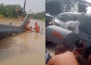 ബിഹാറിൽ-ദുരിതാശ്വാസ-പ്രവർത്തനങ്ങൾക്കിടെ-ഐഎഎഫ്-ഹെലികോപ്ടർ-വെള്ളക്കെട്ടിൽ-ഇറക്കി